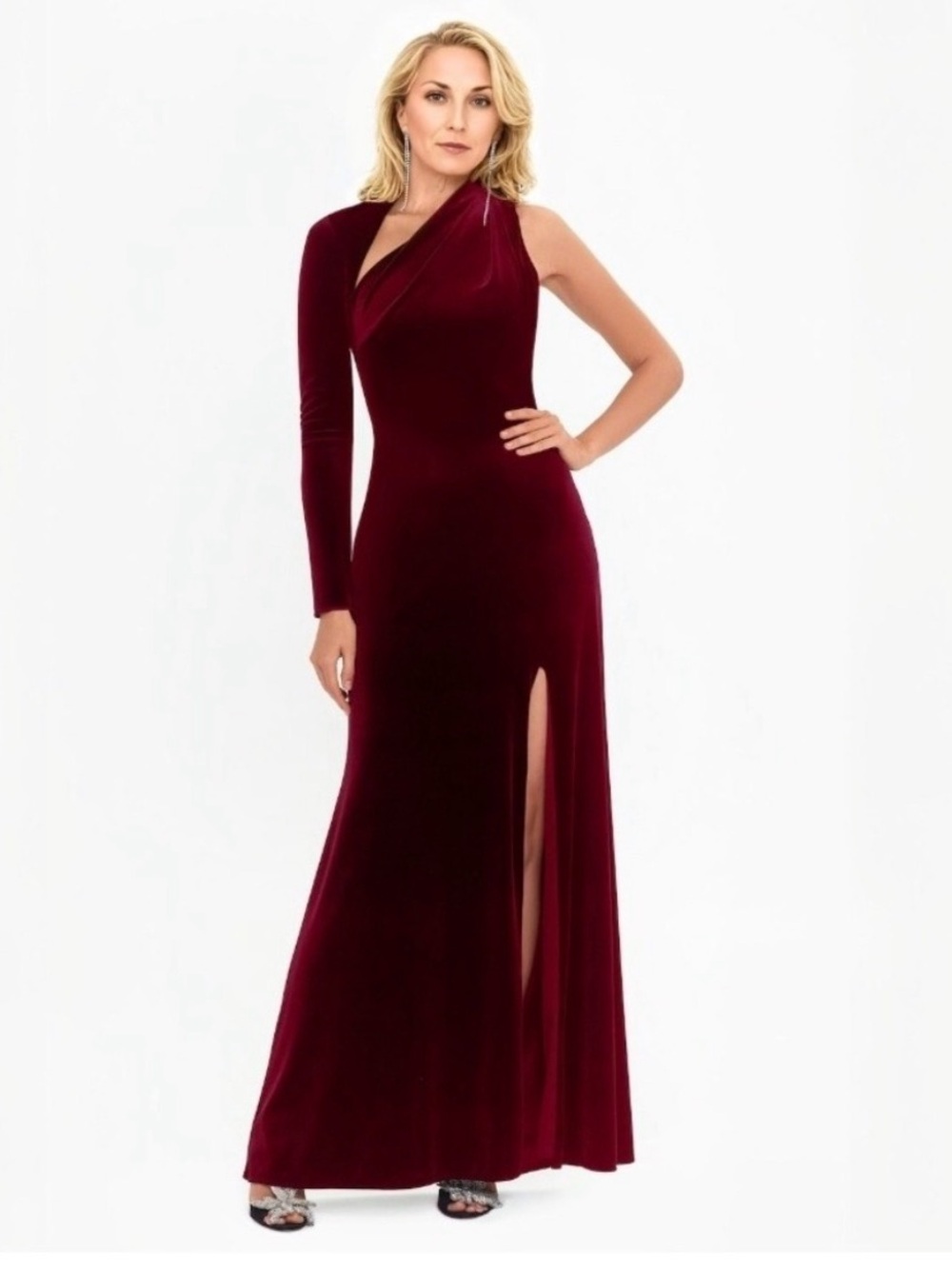 One-Shoulder Bordeaux Evening Gown with Side Slit